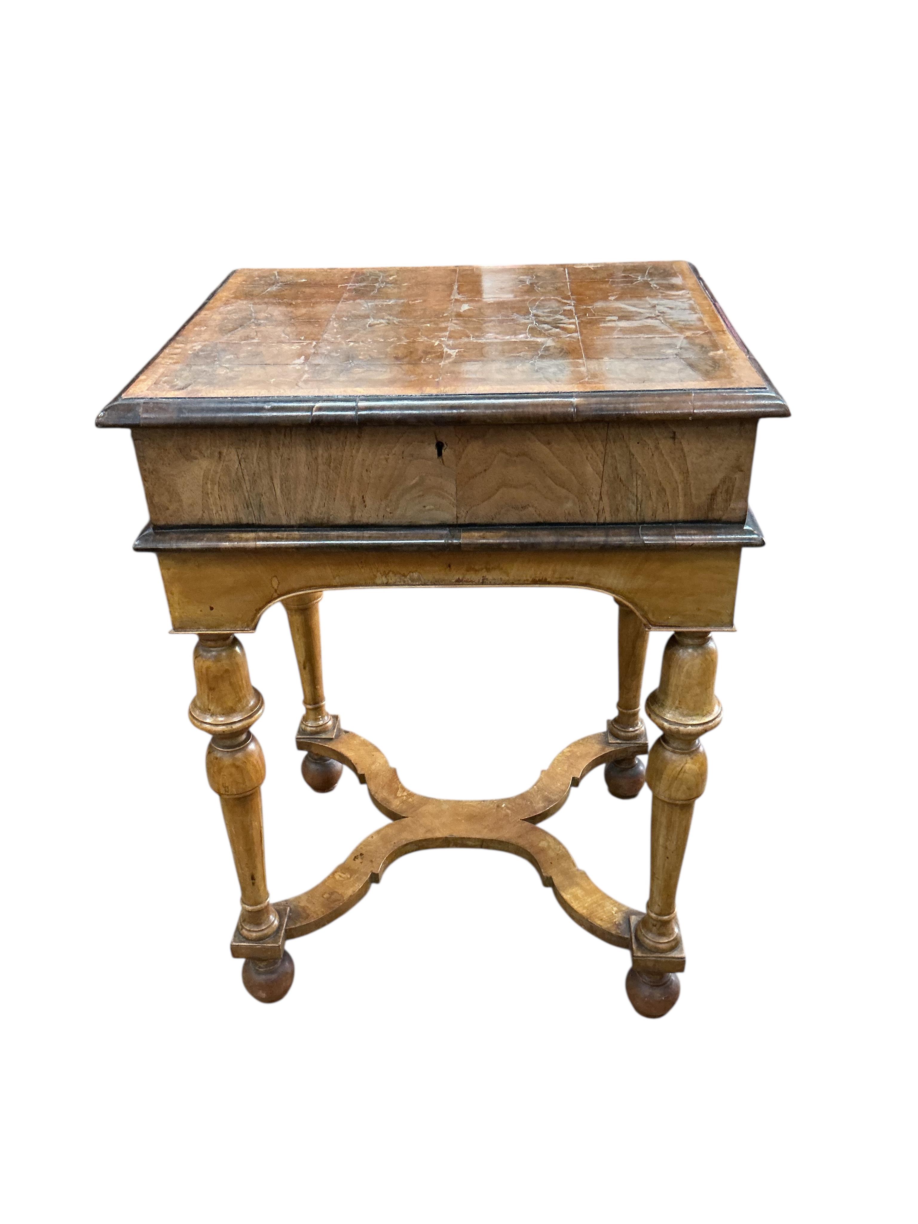 A William and Mary style walnut and oyster veneered box on stand, width 49cm, depth 43cm, height 69cm